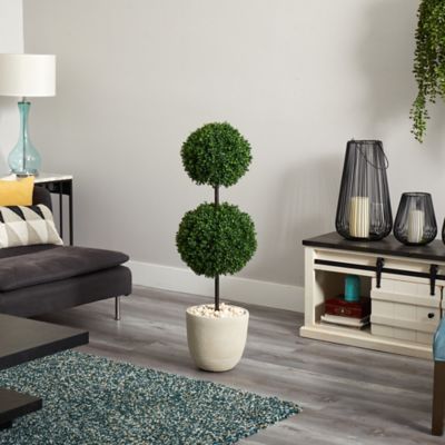 Image showing  4 ft. Artificial Indoor/Outdoor UV-Resistant Boxwood Double Ball Topiary Tree in Oval Planter