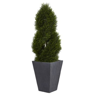 Nearly Natural 4 ft. Indoor/Outdoor UV-Resistant Cypress Double Spiral Topiary Artificial Tree in Slate Planter