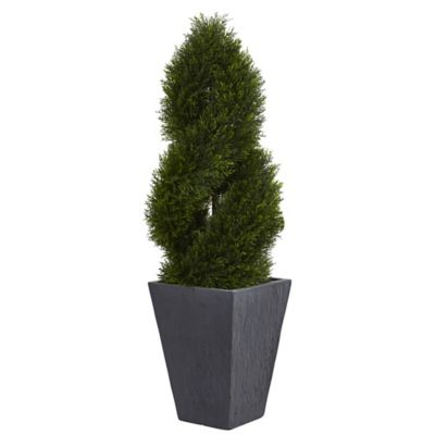 Nearly Natural 4 ft. Artificial Indoor/Outdoor UV-Resistant Cypress Double Spiral Topiary Tree in Slate Planter