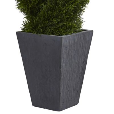 Image showing  4 ft. Artificial Indoor/Outdoor UV-Resistant Cypress Double Spiral Topiary Tree in Slate Planter