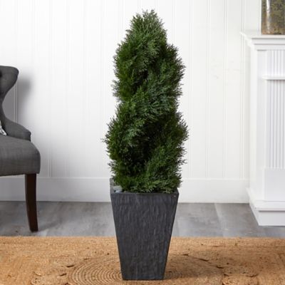 Image showing  4 ft. Artificial Indoor/Outdoor UV-Resistant Cypress Double Spiral Topiary Tree in Slate Planter