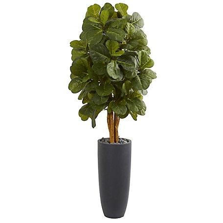 Nearly Natural 5.5 ft. Fiddle Leaf Artificial Tree in Gray Cylinder Planter