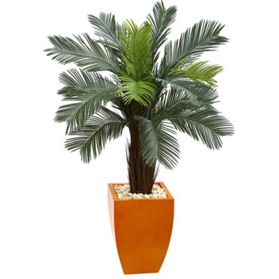 Nearly Natural 4.5 ft. Indoor/Outdoor UV-Resistant Cycas Artificial Tree in Orange Planter