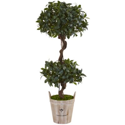 Nearly Natural 4.5 ft. Sweet Bay Double Topiary Artificial Tree in Farmhouse Planter