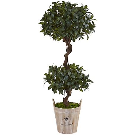 Nearly Natural 4.5 ft. Sweet Bay Double Topiary Artificial Tree in Farmhouse Planter