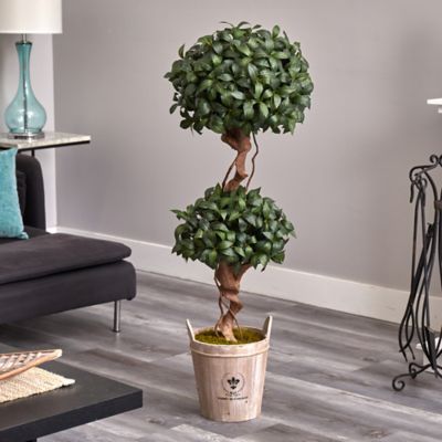 Image showing  4.5 ft. Sweet Bay Double Topiary Artificial Tree in Farmhouse Planter