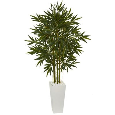 Nearly Natural 6 ft. Bamboo Artificial Tree in White Tower Planter