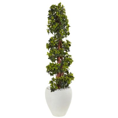 Nearly Natural 4 ft. Artificial Indoor/Outdoor UV-Resistant English Ivy Topiary Tree in White Oval Planter