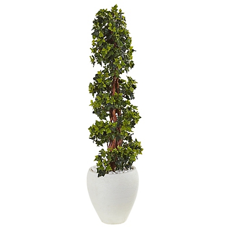 Nearly Natural 4 ft. Indoor/Outdoor UV-Resistant English Ivy Topiary Artificial Tree in White Oval Planter