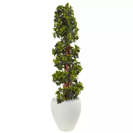 4 ft Almost Natural Indoor/Outdoor UV Resistant English Ivy Topiary Artificial Tree in White Oval Planter Artificial Plants & Flowers