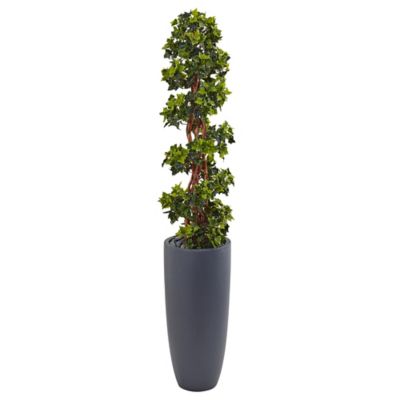 Nearly Natural 5 ft. Indoor/Outdoor UV-Resistant English Ivy Spiral Topiary Artificial Tree in Gray Cylinder Planter