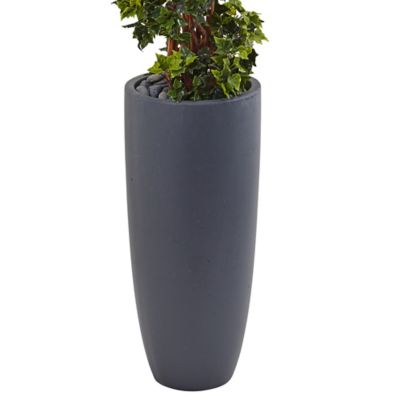 Image showing  5 ft. Indoor/Outdoor UV-Resistant English Ivy Spiral Topiary Artificial Tree in Gray Cylinder Planter