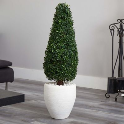 Image showing  41 in. Indoor/Outdoor UV-Resistant Boxwood Topiary Artificial Tree in Textured White Planter