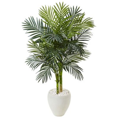 Nearly Natural 4.5 ft. Golden Cane Palm Artificial Tree in White Oval Planter