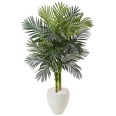 Nearly Natural 4.5 ft. Golden Cane Palm Artificial Tree in White Oval Planter