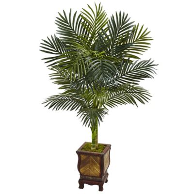 Nearly Natural 4.5 ft. Golden Cane Palm Artificial Tree in Wooden Decorated Planter