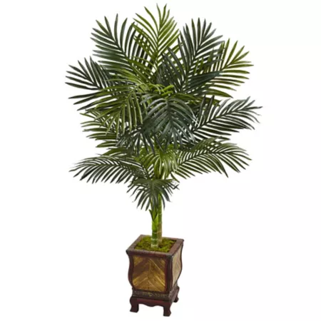 Almost Natural 4.5 Foot Artificial Golden Palm Tree in Wooden Decorated Planter Artificial Plants & Flowers