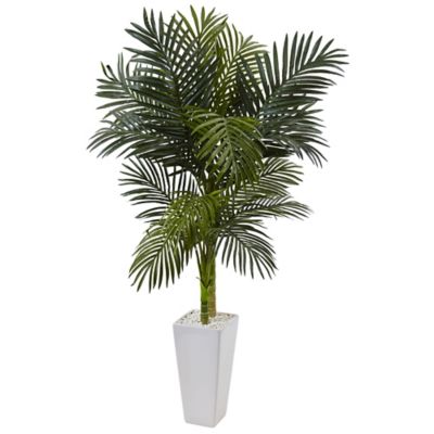 Nearly Natural 5 ft. Golden Cane Palm Artificial Tree in White Tower Planter