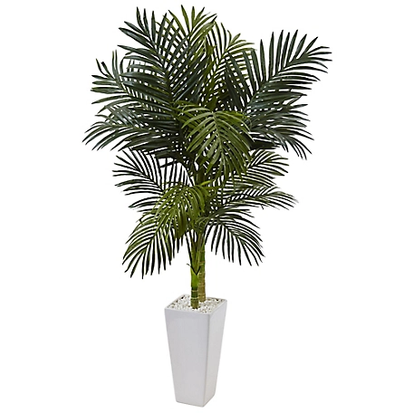 Nearly Natural 5 ft. Golden Cane Palm Artificial Tree in White Tower Planter