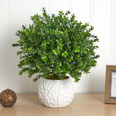 Image showing  17 in. Silk Indoor/Outdoor Boxwood Evergreen Plant in White Vase