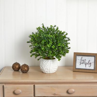 Image showing  17 in. Silk Indoor/Outdoor Boxwood Evergreen Plant in White Vase