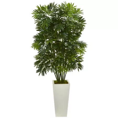 Nearly Natural 49 in Mini Artificial Bamboo Palm Plant in White Tower Planter Artificial Plants & Flowers