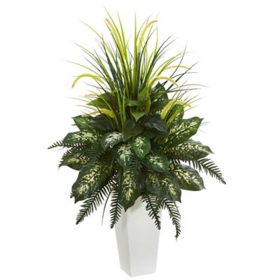 Nearly Natural 48 in. Mixed River Fern and Dog Tail Artificial Plant in White Tower Planter