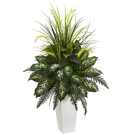 Nearly Natural 48 in. Mixed River Fern and Dog Tail Artificial Plant in White Tower Planter