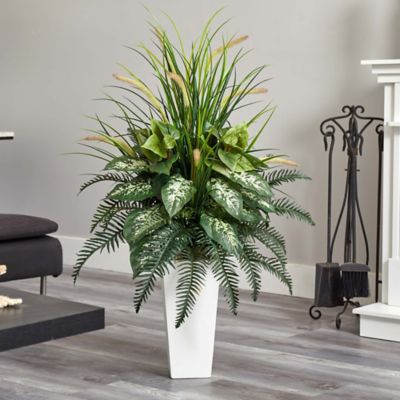 Image showing  48 in. Mixed River Fern and Dog Tail Artificial Plant in White Tower Planter