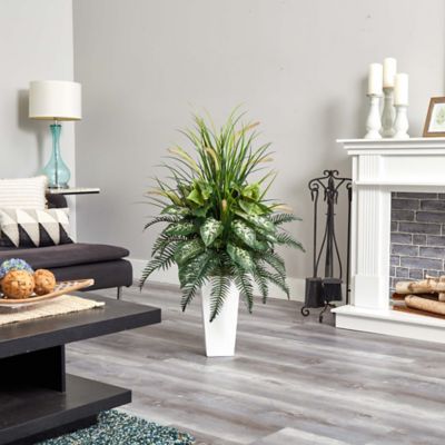 Image showing  48 in. Mixed River Fern and Dog Tail Artificial Plant in White Tower Planter