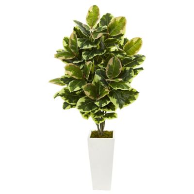 Nearly Natural 4 in. Variegated Rubber Leaf Artificial Plant in White Tower Vase