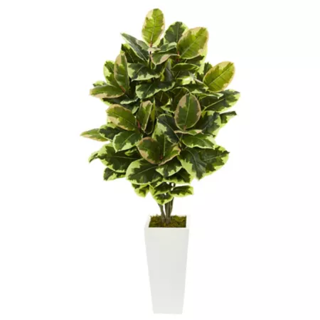 Nearly Natural 4" Artificial Variegated Rubber Leaf Plant in White Tower Vase Artificial Plants & Flowers