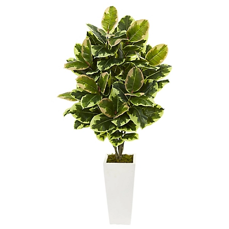 Nearly Natural 4 in. Variegated Rubber Leaf Artificial Plant in White Tower Vase