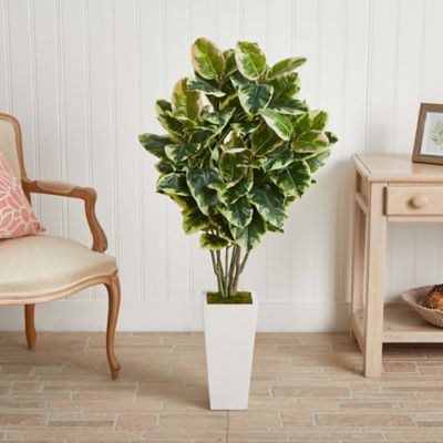 Image showing  4 in. Variegated Rubber Leaf Artificial Plant in White Tower Vase