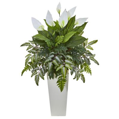 Nearly Natural 36 in. Mixed Spathiphyllum Artificial Plant in White Tower Vase