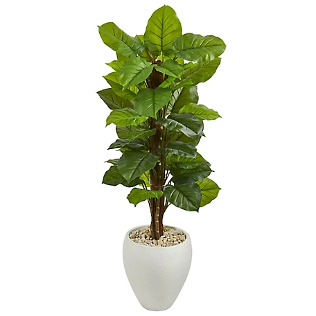 Nearly Natural 5 ft. Large Leaf Philodendron Artificial Plant in White Oval Planter, Real Touch