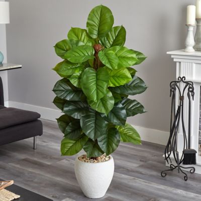 Image showing  5 ft. Large Leaf Philodendron Artificial Plant in White Oval Planter, Real Touch