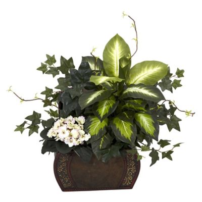 Nearly Natural Faux African Violet, Dieffenbachia and Ivy with Chest Silk Plant