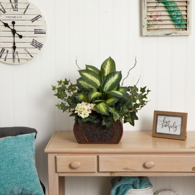 Image showing  Faux African Violet, Dieffenbachia and Ivy with Chest Silk Plant