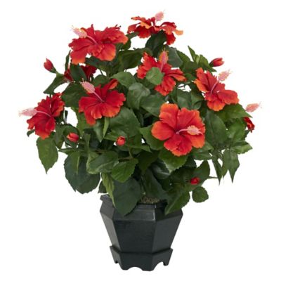 Nearly Natural 20 in. Silk Hibiscus Plant in Black Hexagon Vase