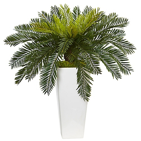 Nearly Natural 23 in. Artificial Cycas Plant in White Planter