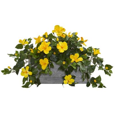 Nearly Natural 18 in. Hibiscus Artificial Plant in Stone Planter