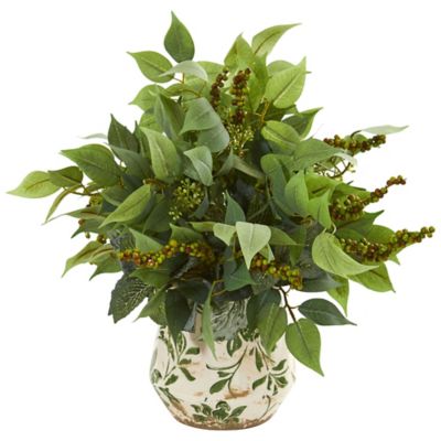 Nearly Natural 13 in. Artificial Mixed Ficus Fittonia and Berries Artificial Plant in Floral Vase