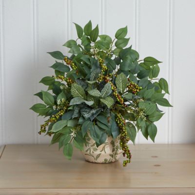 Image showing  13 in. Artificial Mixed Ficus Fittonia and Berries Artificial Plant in Floral Vase