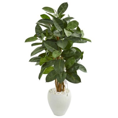 Nearly Natural 53 in. Artificial Rubber Tree in White Planter