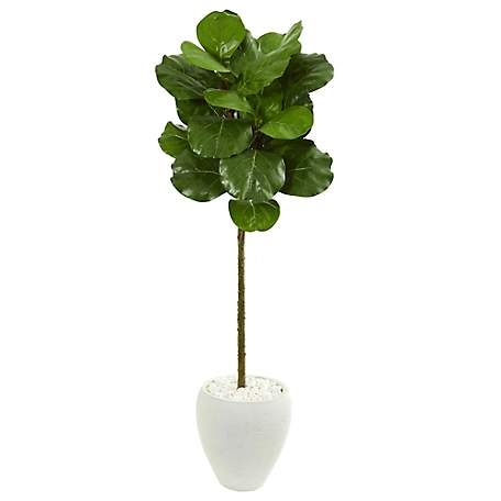Nearly Natural 5 ft. Fiddle Leaf Artificial Tree in White Planter