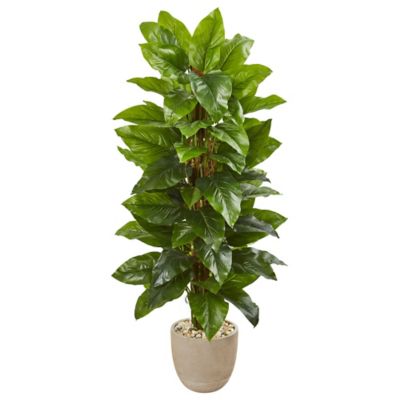 Nearly Natural 58 in. Large Leaf Philodendron Artificial Plant in Sand Stone Planter, Real Touch