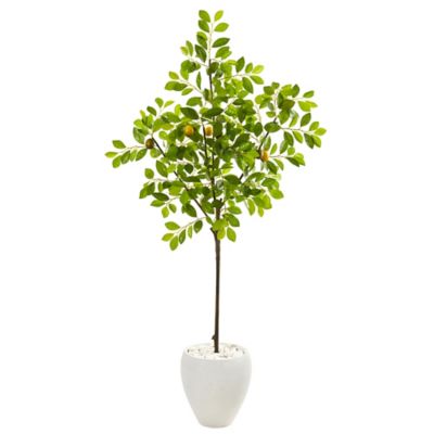 Nearly Natural 68 in. Artificial Lemon Tree in White Planter