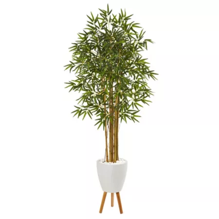 Nearly Natural 74" Artificial Bambusa Bamboo Tree in White Planter with Stand Artificial Plants & Flowers