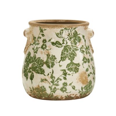 Nearly Natural 6.5 in. Tuscan Ceramic Green Scroll Planter